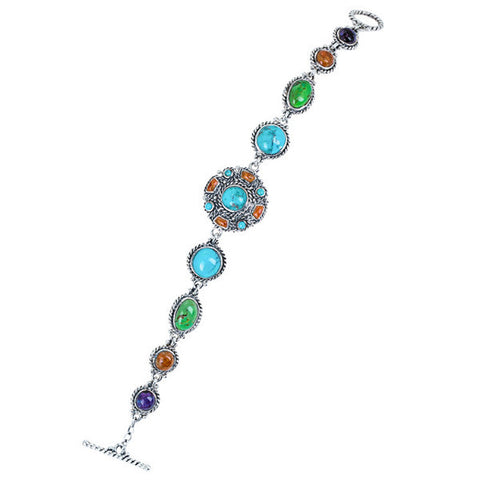 Blue & green turquoise, lapiz & coral sterling silver bracelet