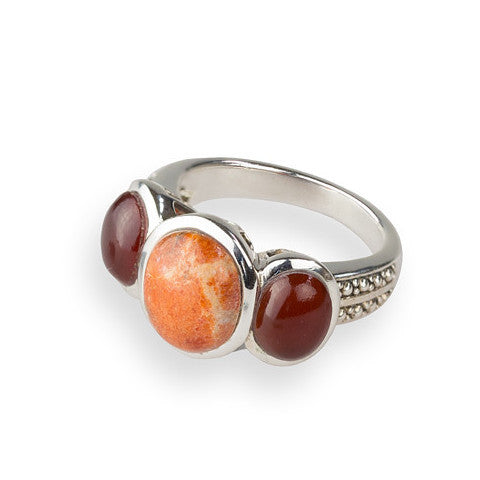 Carnelian, coral & sterling silver tri-stone ring
