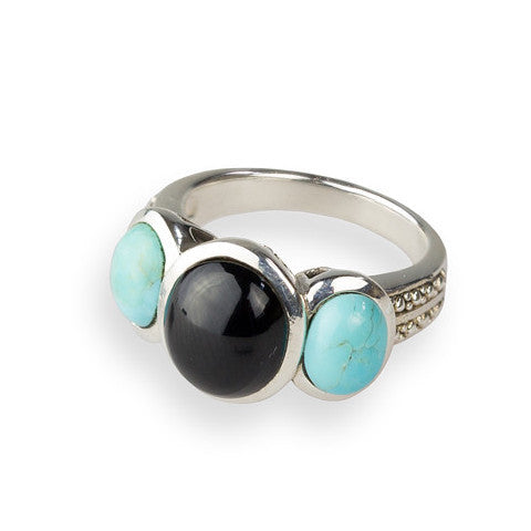 Turquoise, onyx & sterling silver tri-stone ring