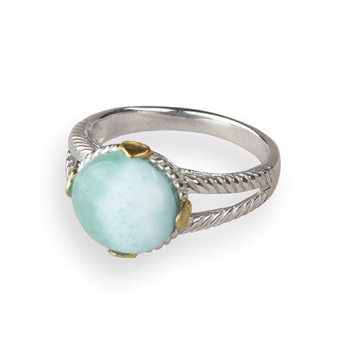Larimar cabochon sterling silver ring with gold detail