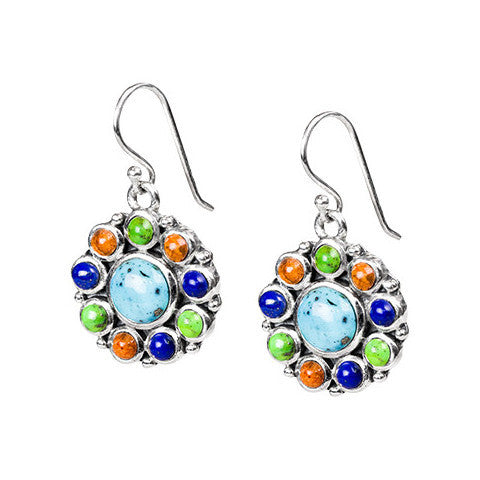 Blue & green turquoise, lapiz & coral sterling silver round drop earrings