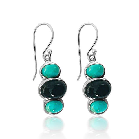 Turquoise, onyx & sterling silver tri-stone earring