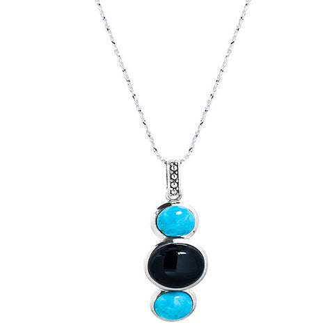 Turquoise, onyx & sterling silver drop tri-stone necklace