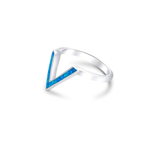 Silver V shape synthetic opal ring
